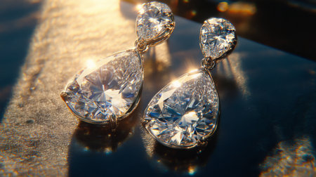A beautiful close-up of a pair of diamond drop earrings, captured in natural light to showcase their sparkle and the craftsmanship of their designの素材