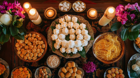 A beautiful overhead view of a Thai dessert table featuring various traditional sweets, including coconut milk jelly and golden threads, capturing the richness of Thai flavorsの素材