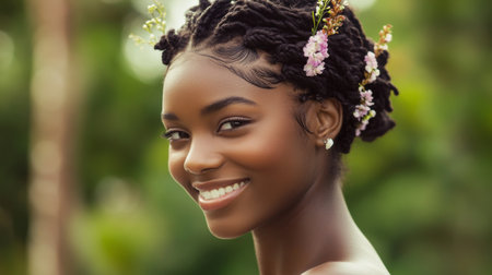 A beautiful woman with intricately braided hair, adorned with delicate flowers, smiling in a natural outdoor setting, showcasing the elegance of her hairstyle.の素材