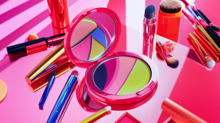 A close-up of an open compact mirror reflecting a vibrant array of colorful eyeshadows, surrounded by brushes and makeup tools, showcasing beauty essentialsの素材