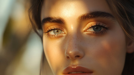 A beauty close-up featuring a woman with light, naturally shaped eyebrows, with soft makeup to enhance her facial features and a blurred background for focus.の素材