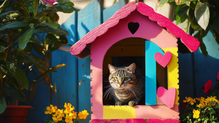 A bright, cheerful cat house made from recycled materials, adorned with colorful decorations, placed in a sunny gardenの素材