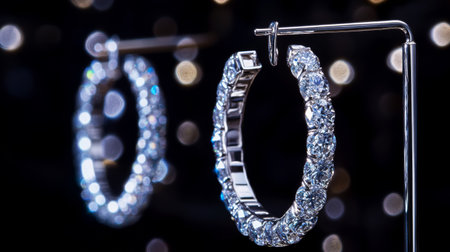 A captivating image of hoop diamond earrings hanging gracefully from a jewelry stand, illuminated by soft lighting to emphasize their exquisite sparkleの素材