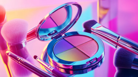 A close-up of an open compact mirror reflecting a vibrant array of colorful eyeshadows, surrounded by brushes and makeup tools, showcasing beauty essentialsの素材