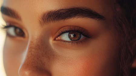 A beauty shot of a woman's defined eyebrows, with a subtle brow pencil application, highlighting the precision of the makeup and the natural hair texture.の素材