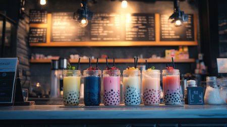 A captivating shot of a bubble tea shop's colorful menu board, displaying various flavors and toppings, set against the lively backdrop of the caf atmosphere.の素材
