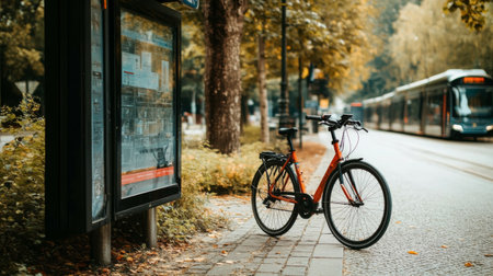A close-up of a bicycle parked next to a public transportation sign, showcasing the integration of different transport modes in a sustainable cityの素材