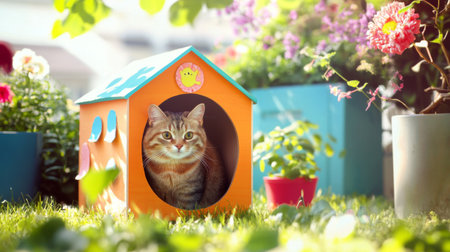 A bright, cheerful cat house made from recycled materials, adorned with colorful decorations, placed in a sunny gardenの素材