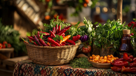 A bright and colorful display of assorted chili peppers in a woven basket, alongside fresh herbs and spices, set on a rustic table for a farm-to-table feel.の素材