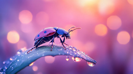 A captivating image of a beetle climbing on a dewy leaf at dawn, with soft sunlight illuminating the scene, capturing the tranquility of early morning nature.の素材