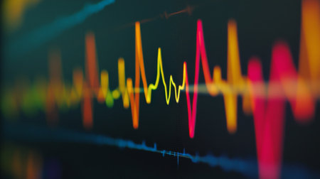 A close-up view of an electrocardiogram ECG monitor displaying a heart wave pattern, with vibrant lines showing the rhythm of a beating heart against a dark backgroundの素材