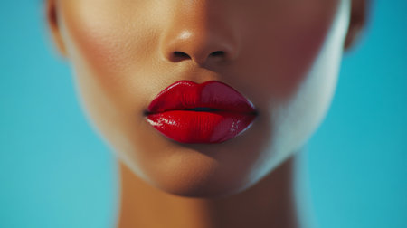 A beauty shot of a womans perfectly symmetrical face, featuring bold red lips, smooth skin, and defined cheekbones, with a soft focus background.の素材