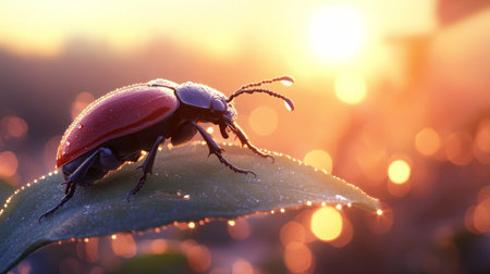 A captivating image of a beetle climbing on a dewy leaf at dawn, with soft sunlight illuminating the scene, capturing the tranquility of early morning nature.の素材