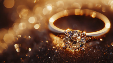 A close-up shot of an exquisite diamond ring sparkling under soft light, showcasing its intricate details and brilliance against a plush velvet background.の素材