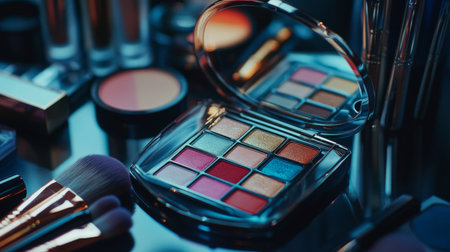 A close-up of an open compact mirror reflecting a vibrant array of colorful eyeshadows, surrounded by brushes and makeup tools, showcasing beauty essentialsの素材