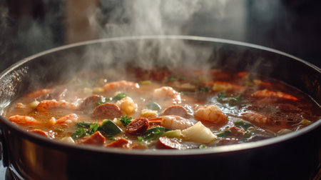 A close-up of seafood gumbo simmering in a pot, filled with shrimp, sausage, and vegetables, showcasing the rich and hearty flavors of this classic dishの素材