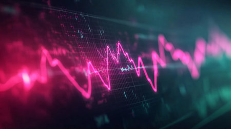 A close-up view of an electrocardiogram ECG monitor displaying a heart wave pattern, with vibrant lines showing the rhythm of a beating heart against a dark backgroundの素材