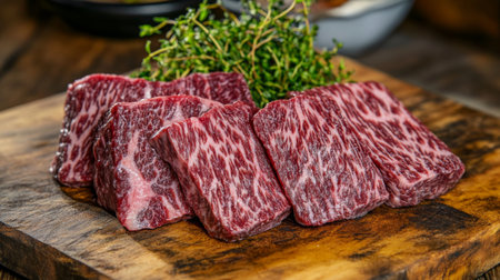 A close-up of a selection of fresh cuts of beef arranged on a wooden cutting board, showcasing the marbling and vibrant red color of the meat against a rustic backdropの素材