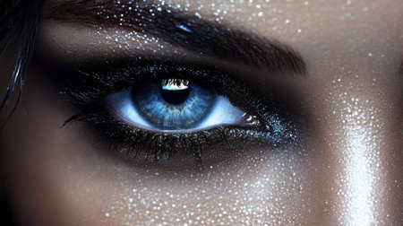 A close-up of beautifully contoured eyes, with perfectly applied mascara and eyeliner, highlighting the intensity and elegance of the woman's natural beauty.の素材