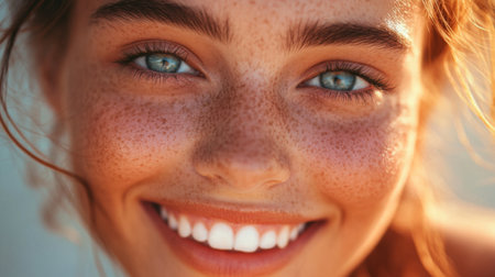 A close-up of a beautiful womans face with flawless skin, natural makeup, and soft lighting, emphasizing her radiant smile and expressive eyes.の素材