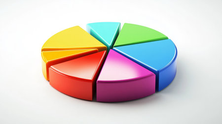 A colorful D pie chart with vibrant segments floating slightly above a white surface, each slice labeled clearly to represent different data categories.の素材