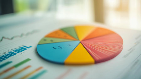 A colorful financial pie chart showing market shares, with labeled sections representing stocks, bonds, and investments, displayed on a white background with clean lines.の素材