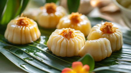 A close-up of traditional Thai desserts made with condensed milk, beautifully presented on a banana leaf, showcasing the cultural significance of this sweet ingredient.の素材