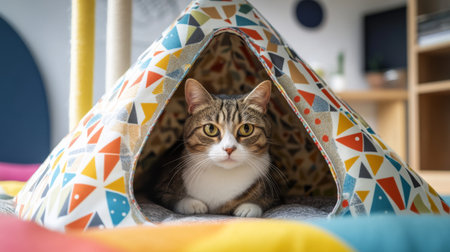 A contemporary cat house made of fabric and wood, featuring playful patterns and textures, set in a stylishly decorated roomの素材