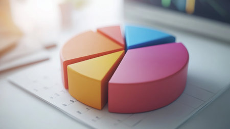 A colorful financial pie chart showing market shares, with labeled sections representing stocks, bonds, and investments, displayed on a white background with clean lines.の素材