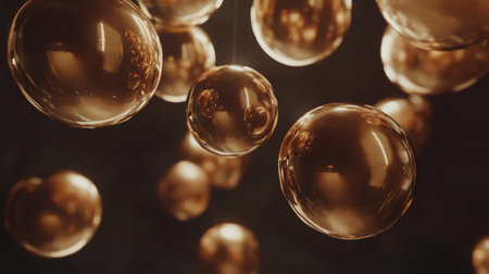 D graphic spheres floating in space, with reflections and soft shadows, creating a futuristic and abstract composition on a dark canvasの素材