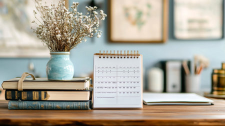 An organized minimalist office desk with neatly stacked books, a simple desk calendar, and a few decorative elements, emphasizing functionality and styleの素材