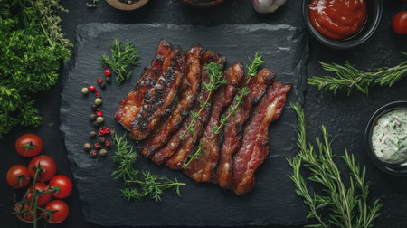A beautiful presentation of bacon strips on a slate platter, garnished with fresh herbs and served alongside a dipping sauce, perfect for entertainingの素材