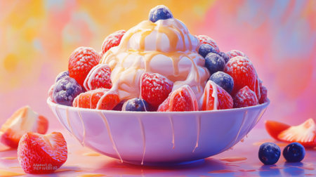 An inviting image of a bowl filled with fresh fruit drizzled with condensed milk, set on a bright table, showcasing a refreshing and indulgent summer treat.の素材