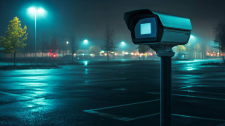 An image of a CCTV camera overlooking a parking lot at night, with the camera illuminated by a soft light, emphasizing its role in nighttime securityの素材
