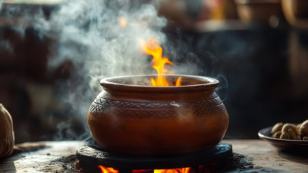 An atmospheric image of a traditional clay pot simmering over an open flame, with steam rising and aromatic spices filling the air, evoking a sense of home-cooked warmth.の素材