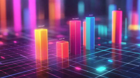 A colorful D bar graph rising on a grid background, with glowing bars representing data growth, and labels indicating different statistics.の素材