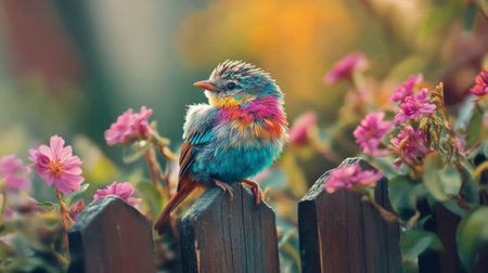 A captivating photo of a baby bird with colorful feathers, perched on a garden fence, surrounded by blooming flowers, symbolizing the beauty of nature in full bloom.の素材