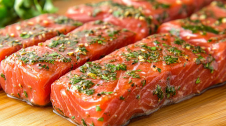 A close-up shot of fresh salmon steaks marinated in herbs and spices, resting on a cutting board, ready for grilling or baking, showcasing the rich colorsの素材