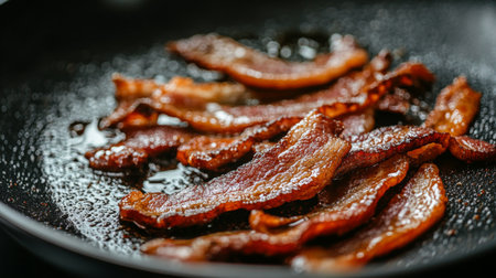 A close-up of crispy bacon strips sizzling in a frying pan, showcasing the golden brown color and texture, with grease glistening under the kitchen lightの素材