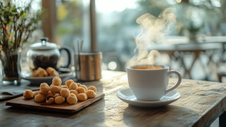 A cozy caf setting with a steaming cup of Chaa Chak on a wooden table, accompanied by traditional snacks, creating an inviting atmosphere for tea lovers.の素材