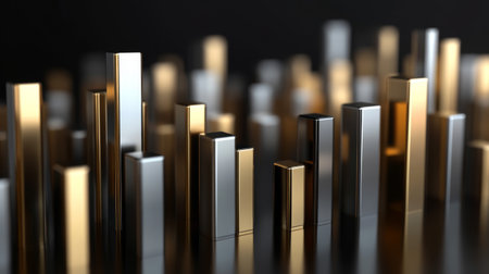 A corporate bar graph with silver and gold bars, representing financial performance, set against a dark background with subtle reflections and floating labels.の素材