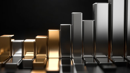 A corporate bar graph with silver and gold bars, representing financial performance, set against a dark background with subtle reflections and floating labels.の素材