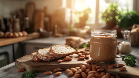 A cozy kitchen scene with a jar of homemade almond butter, surrounded by fresh bread and whole almonds, evoking a warm, inviting atmosphere for breakfast.の素材