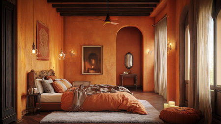 A cozy bedroom with a warm color scheme, featuring a fluffy duvet, decorative pillows, and a plush rug, creating an inviting and comfortable retreatの素材