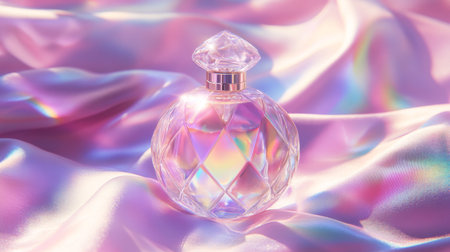 A delicate crystal perfume bottle with a faceted design, reflecting light and colors, placed against a soft silk background for an elegant touchの素材