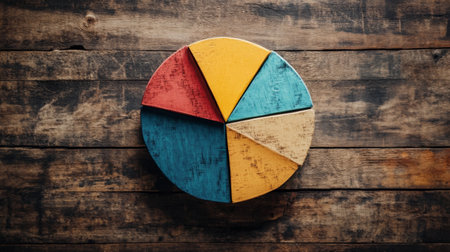 A creative pie chart with textured segments showing sales data, each slice representing a different product line, set against a rustic wooden table background.の素材