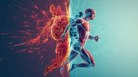 A creative split image showing the human body in motion on one side and the internal organs on the other, illustrating the connection between external and internal health.の素材