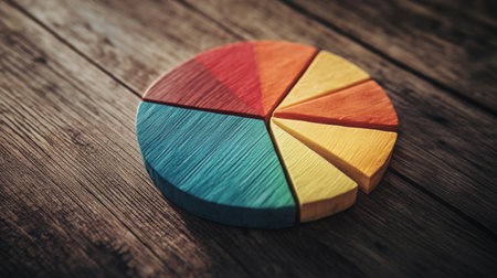 A creative pie chart with textured segments showing sales data, each slice representing a different product line, set against a rustic wooden table background.の素材