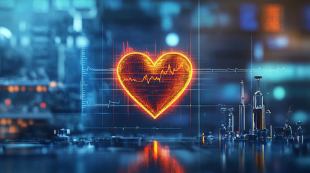 A dynamic heart waveform overlaid on a faint background of medical equipment, symbolizing the interplay between technology and human healthの素材