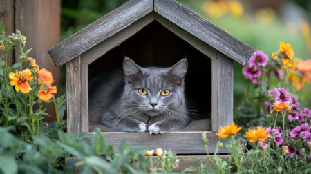 A cozy wooden cat house nestled in a garden, surrounded by colorful flowers and greenery, creating a peaceful and inviting environment for catsの素材